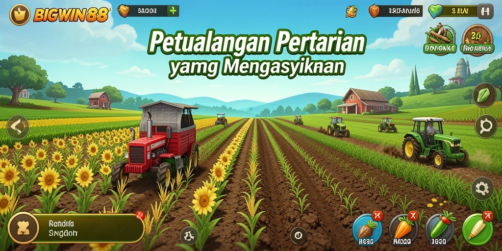 Screenshot gameplay <strong>BIGWIN88</strong> menampilkan aktivitas bertani yang seru dan interaktif.