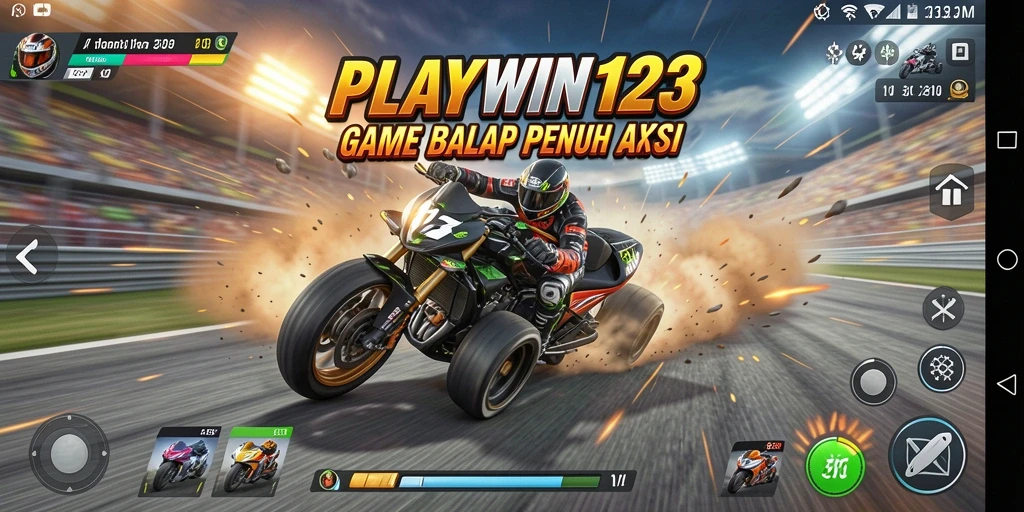 Screenshot utama PLAYWIN123 menampilkan aksi balapan yang mendebarkan.
