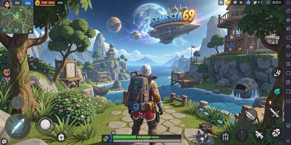 Tangkapan layar gameplay SEMESTA69 menunjukkan dunia terbuka yang luas dan penuh detail.