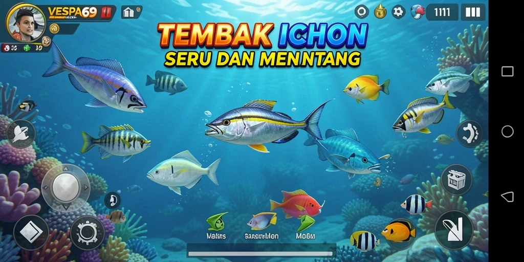 Tampilan gameplay VESPA69 yang menakjubkan saat menembak ikan.